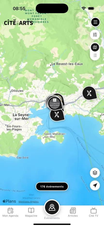 La carte des évènements dans l'application Cité des Arts